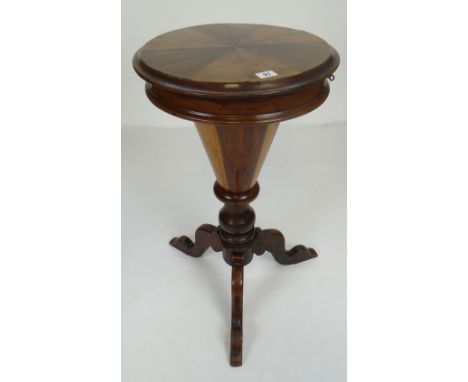 CIRCULAR MARQUETRY TOP SEWING / WORK TABLE on turned tripod supports, lid hinging to reveal a wheel of compartments and centr