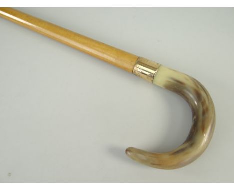 VINTAGE MAPLE WOOD WALKING STICK, engraved gold ferrule and curved horn handle