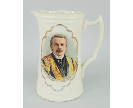 VINTAGE COMMEMORATIVE JUG FOR DAVID LLOYD GEORGE, portrait of the politician with Welsh inscription and Welsh crest to the re
