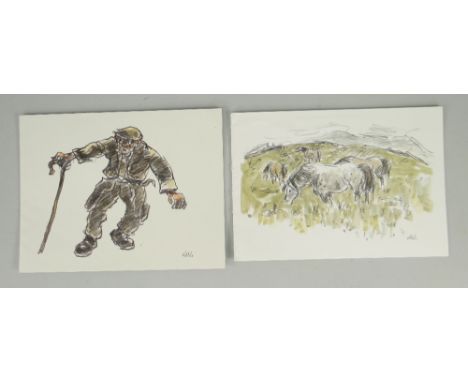 TWO SIR KYFFIN WILLIAMS RA Christmas card prints - farmer with stick and mountain ponies, both with 'Happy Christmas - Kyffin