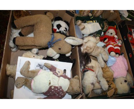 Two boxes containing a quantity of vintage soft filled and plush teddy bears and collectables to include Merrythought and Ped