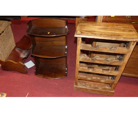 Occasional furniture to include; hardwood wine rack, oak book trough, mahogany wall bracket, three tier waterfall wall shelf,