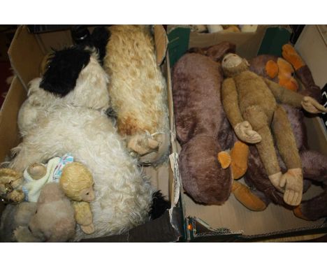 Two boxes containing a quantity of vintage soft filled and plush teddies