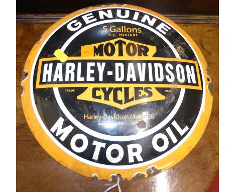 A convex enamel advertising sign for Harley Davidson Motorcycles, dia.29cm