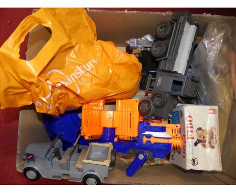 A quantity of mixed toys to include a Bandai Fido battery operated dog, and  a quantity of nerf guns, Louis Marx tractor and 