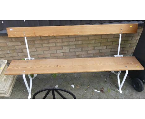 A white painted wrought iron ended and pine four seater waiting room bench, length 177cm