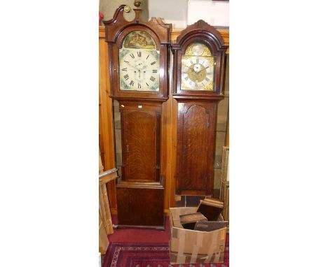 An early 19th century oak long case clock, having a painted arch dial signed A Wightman Moffat, twin winding holes for an 8-d