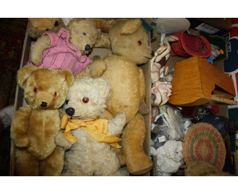 Two trays containing a quantity of vintage mohair and soft filled teddy bears, and a quantity of doll related collectables, a