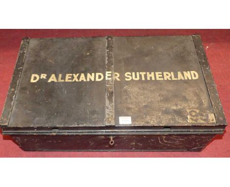 An early 20th century painted metal documents trunk titled Dr Alexander Sutherland to top, width 61cm