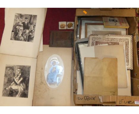 **Please note Artists Medals WITHDRAWN**A box of assorted ephemera to include monochrome prints, artist sketch book etc