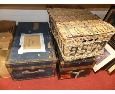 Two metal bound trunks, wicker trunk and a metal trunk (4)