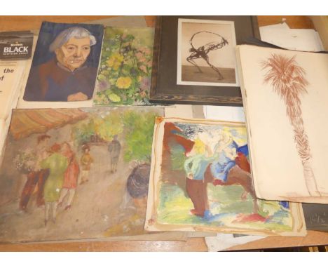 J Morgan - ink study; together with other unframed amateur art works 