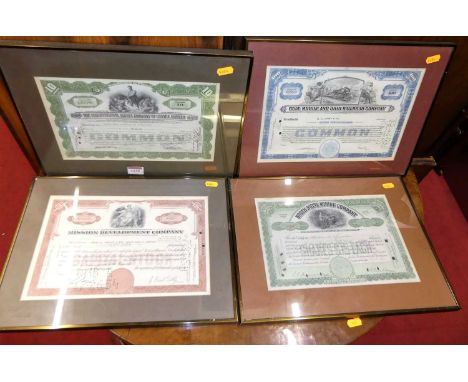 A framed share certificate for The International Nickel Company of Canada Ltd, dated 1930; together with four others (5)