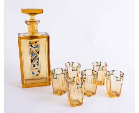 An Art Deco design amber glass seven piece drinks set comprising decanter, and six drinking glasses with geometric designs.