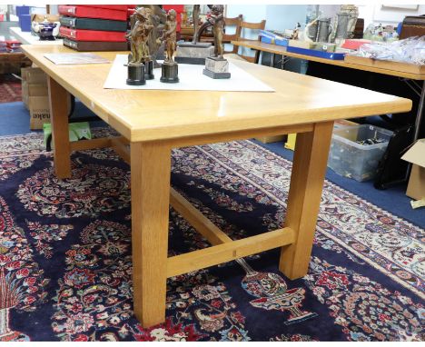 A good quality light oak refectory dining table, purchased from Codrington Furniture, London SW8, 1993, 91cm x 183cm x 74cm.