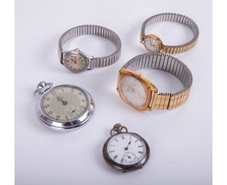 A open face Omega vintage silver fob watch, (faults), a pocket watch, Rone, a gent's sportsman Incabloc wristwatch and two la