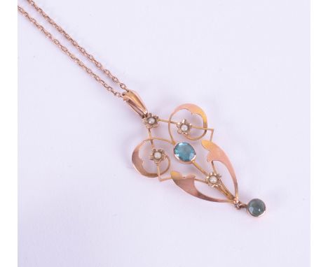 A 9ct gold pendant on chain of Art Nouveau style.