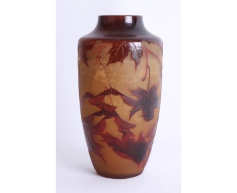 Art glass, a cameo etched vase decorated with leaves and branches, signed, possibly German, height 20cm.