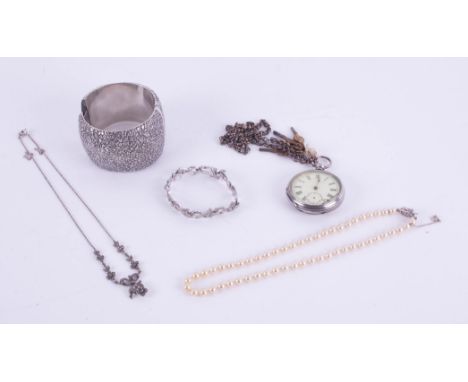 A silver cased and open faced pocket watch, an Indian white metal cuff bangle, some costume jewellery and faux pearls.