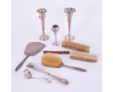 Two silver spill vases, silver bud vase, silver dressing table wares and silver pierced ladle.