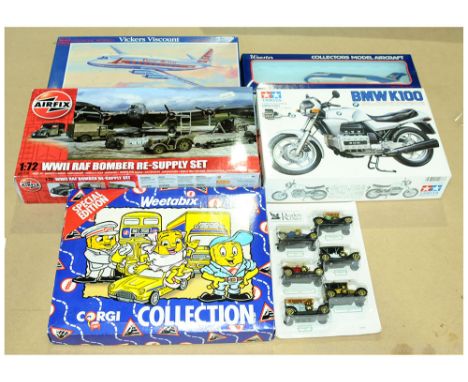 Corgi "Weetabix" Set; Tamiya BMW K100 plastic kit; Airfix "RAF" Bomber Supply Set; Readers Digest 6-piece Car Set, plus other