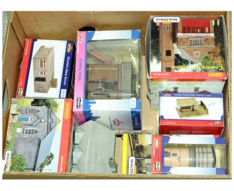 OO Gauge group of Lineside Buildings including Hornby Skaledale Country Fire Station, Baptist Church and Cement Hopper; Bachm
