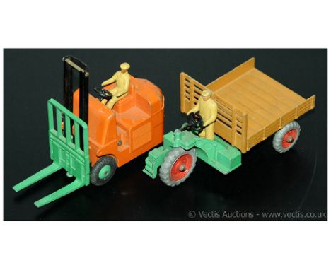 Dinky unboxed pair to include Motocart - green, tan, red metal wheels, light tan figure driver and Coventry Climax Forklift T