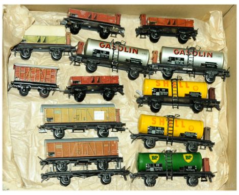 Trix Express HO Gauge Scale group of tinplate Wagons. Including 2 x Shell Tanker, 2 x Gasolin Tanker, BP Tanker, LWB Goods Va
