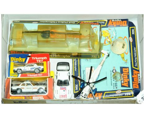 Dinky 724 Sea King Helicopter with Capsule; 732 Bell "Police" Helicopter; 211 Triumph TR7 Sports Car; Matchbox Speed Kings K6