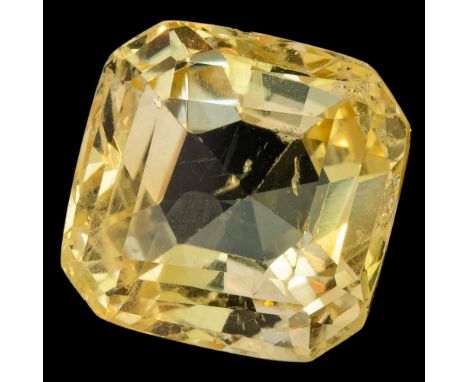 Cut: square cushion shape, step cut. Color: Light Yellow. Weight: 14.65 ct. (13.61 x 13.23 x 7.72 mm). Certificate number: E1