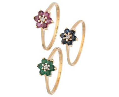 Hallmarks: 9K. Maker's mark: KeC. Set with 3 single cut diamonds of approx. 0.015 ct. in total and natural gemstones. In very