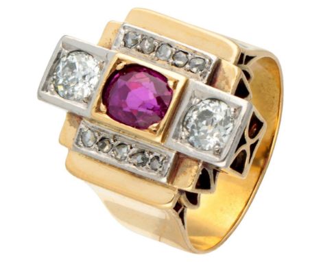 Hallmarks: 750, Dutch hallmarks: 585, Pt. Set with a faceted natural ruby ​​of approx. 1.34 ct. (approx. 6.9 x 5.6 mm), rose 