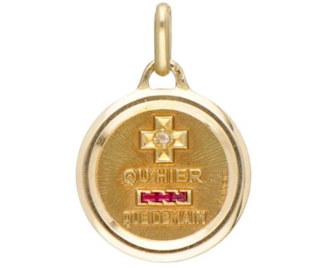 So-called 'Medal of Love'. Hallmarks: 750, French maker's mark. Set with diamond and ruby. LxW: 2.3 x 1.6 cm. Weight: 2.40 gr
