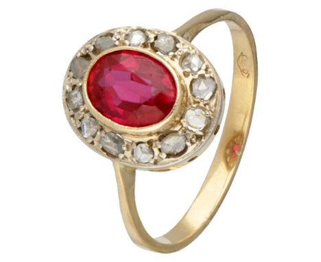 Hallmarks: 750. Set with 12 rose cut diamonds (12x Ø approx. 1.80 mm) in a white gold setting and an oval faceted synthetic r