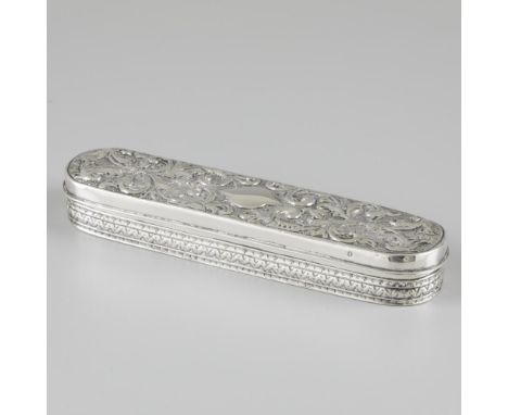 Oval model with embossed decorations, intended as a comb box but covered with felt on the inside to store teaspoons. United K