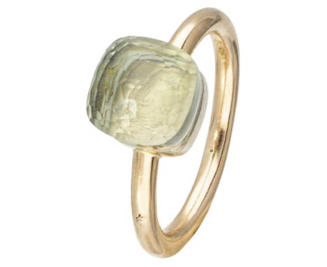 Hallmarks: 750. Maker's mark: 1916 MI, Milano, Italy. Set with a faceted prasiolite (approx. 8.7 x 8.7 x 5.0 mm). In good con