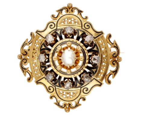 Hallmarks: 585. Set with 8 rose cut diamonds, a baroque pearl (approx. 7.1 x 5.9 mm) and black enamel. In very good condition