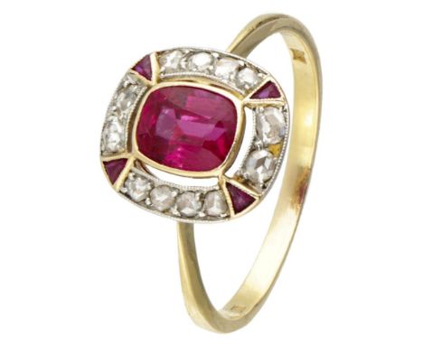 Hallmarks: 585, 18K. Set with 12 rose cut diamonds (12x Ø approx. 1.50 mm) in a white gold setting and a synthetic ruby of ap