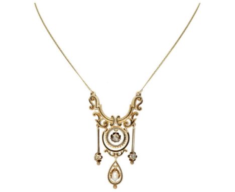 Hallmarks: 750. Set with 3 rose cut diamonds, a baroque pearl (approx. 5.1 x 3.6 mm) and black enamel. In very good condition