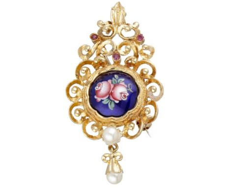 Enamel decorated with flowers. Hallmarks: 18K, 750. In good condition. LxW: 4.8 x 2.4 cm. Weight: 8.18 grams.