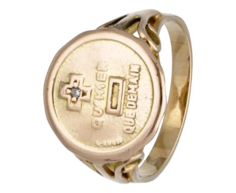 So-called 'Medal of Love'. Hallmarks: 585. Set with a single cut diamond of approx. 0.005 ct. In good condition, without rubi