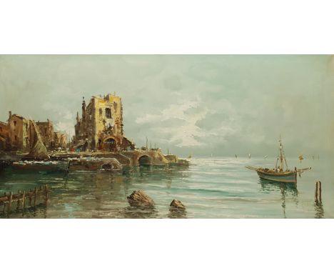 Continental School (20th century): Seascape with Castle, oil on canvas indistinctly signed 60cm x 121cm