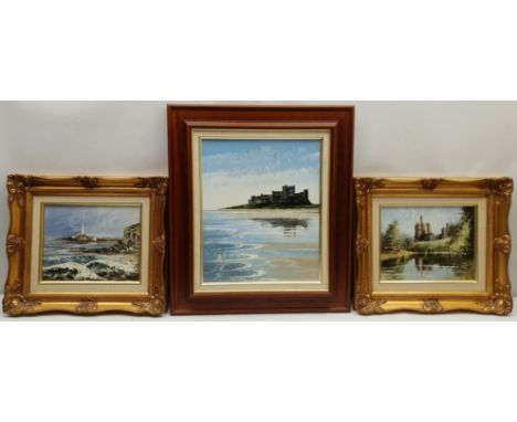 Dallas K Taylor (British 1941-2011): 'Reflections of Bamburgh' 'St Mary's Island' and 'Warkworth Castle', three oils on board