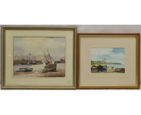 Don Micklethwaite (British 1936-): Scarborough Harbour and Coble Landing Filey, two watercolours signed 24cm x 30cm and 15cm 