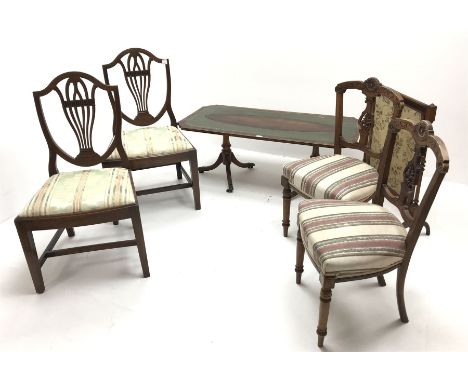 Pair of Edwardian chairs, shaped cresting rail, upholstered seats, turned tapering supports (W47cm) a fire screen, two other 