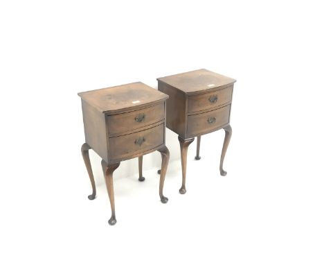 Pair 20th century cross banded walnut lamp chests, two drawers, cabriole legsDimensions: Height:&nbsp;68cm&nbsp; Length/Width