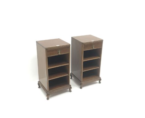 Pair 20th century mahogany lamp stands, single drawer above two open shelves, cabriole feetDimensions: Height:&nbsp;78cm&nbsp