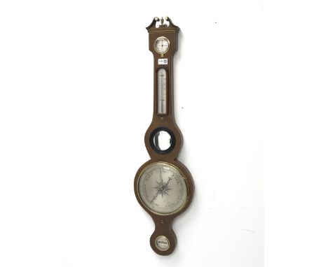 Late 20th century Georgian style mahogany five dial mercury barometer, dry/damp dial above mercury thermometer, circular dial