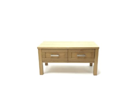 Light oak coffee table with two drawers, stile supports  Dimensions: Height:&nbsp;46cm&nbsp; Length/Width:&nbsp;90cm&nbsp; De