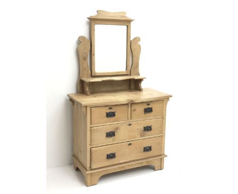 Victorian pine dressing table, raised shaped mirror back, single shelf, two short and two long drawers, shaped plinth baseDim